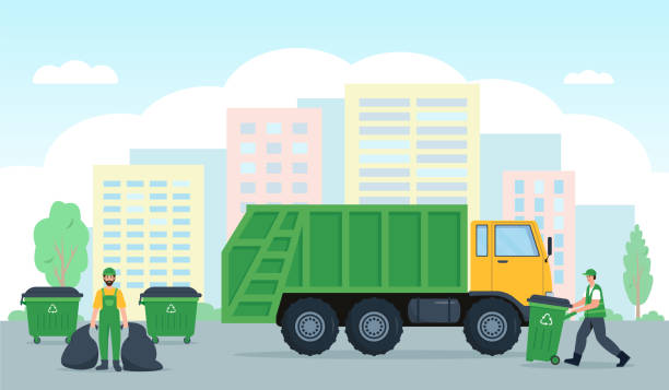 Garbage collection, Waste recycling and transportation in city. Sanitary Vehicle or garbage truck, bins and dustmen scavengers workers. Vector flat or cartoon concept illustration.