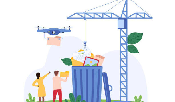 Tiny people managing waste disposal with a crane lifting garbage into a large trash bin while a drone assists. Environmental cleanup and recycling scene vector illustration.